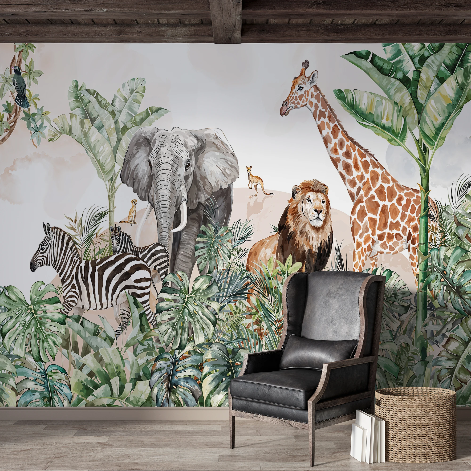 

Milofi custom 3D self-adhesive mural with tropical cartoon animals, forest lions, giraffes, elephants, zebras