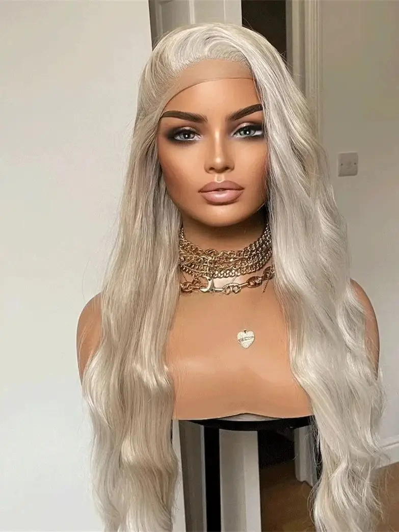 

Slavic Iced Ash Blonde Platinum Balayage Layered Curls Lace Front Synthetic Wig Natural Looking Middle Part Hairline 26 Inch