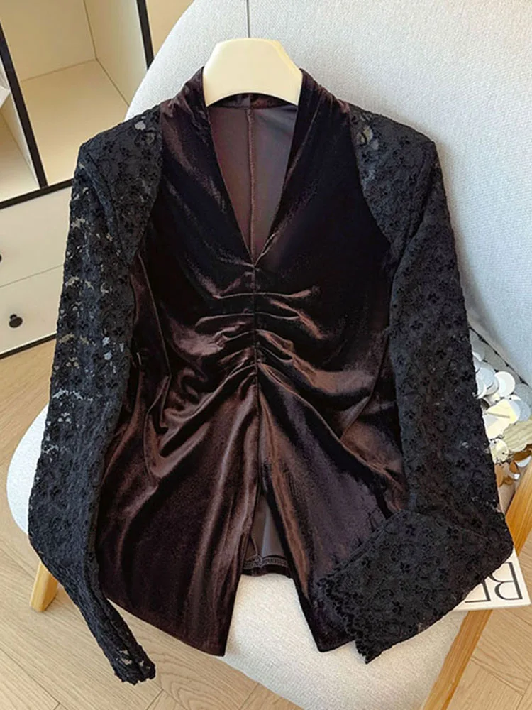 

Ele Velvet irt Women's V-ne Lace Patchwork Slimming Long Sve Spring New Sle Faionable Ciwalk Suit