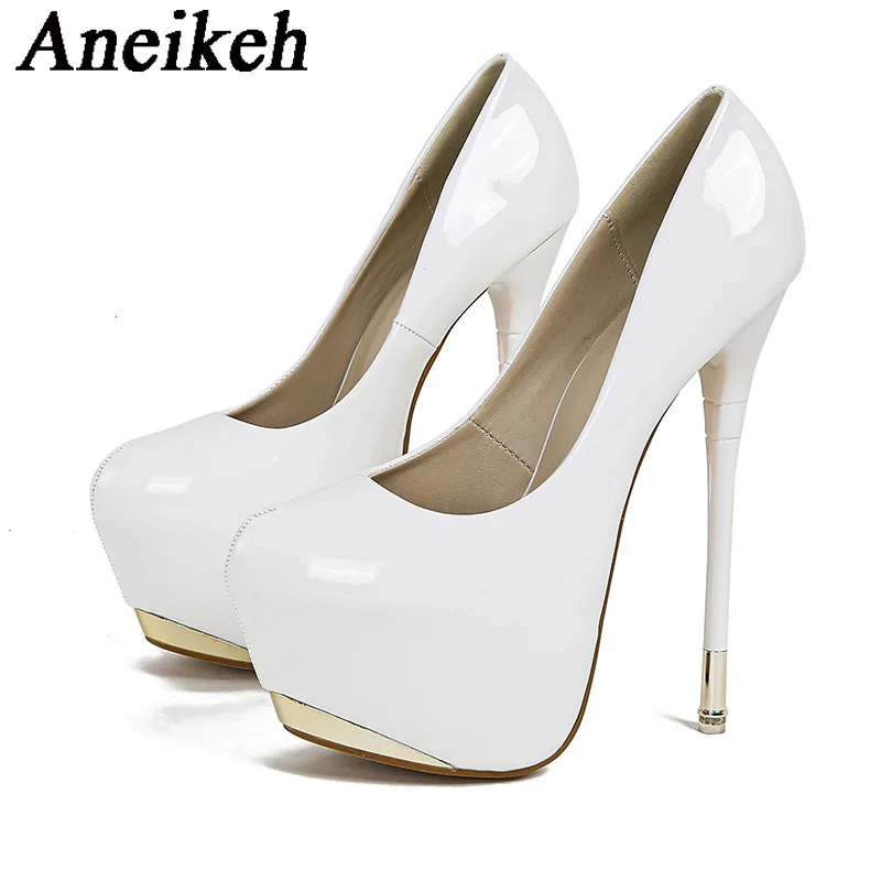 Aneikeh2024 Fashion Sexy Patent Leather Splicing Metal Thin Heel Single ShoesWomen\'s Round Toe Super High Heels Party Club Mules