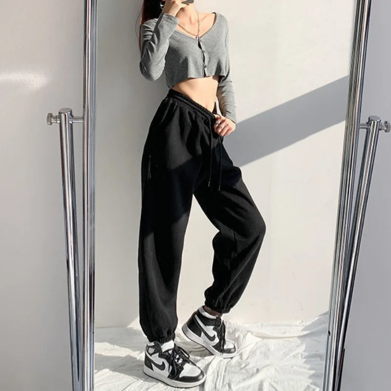 DAYIFUN Women's Korean Loose Straight Leg Pants Black White Color Contrast Trousers Lady Casual High Street Sports Pants Spring