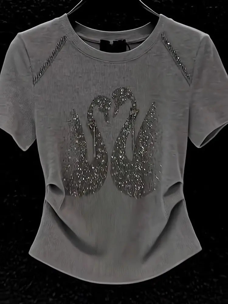 Luxury Design Clothing Grunge T-shirts Diamond Shiny Women Slim Tops Vintage Short Sleeve Tees Swan Rhinestone Gray T Shirt Chic