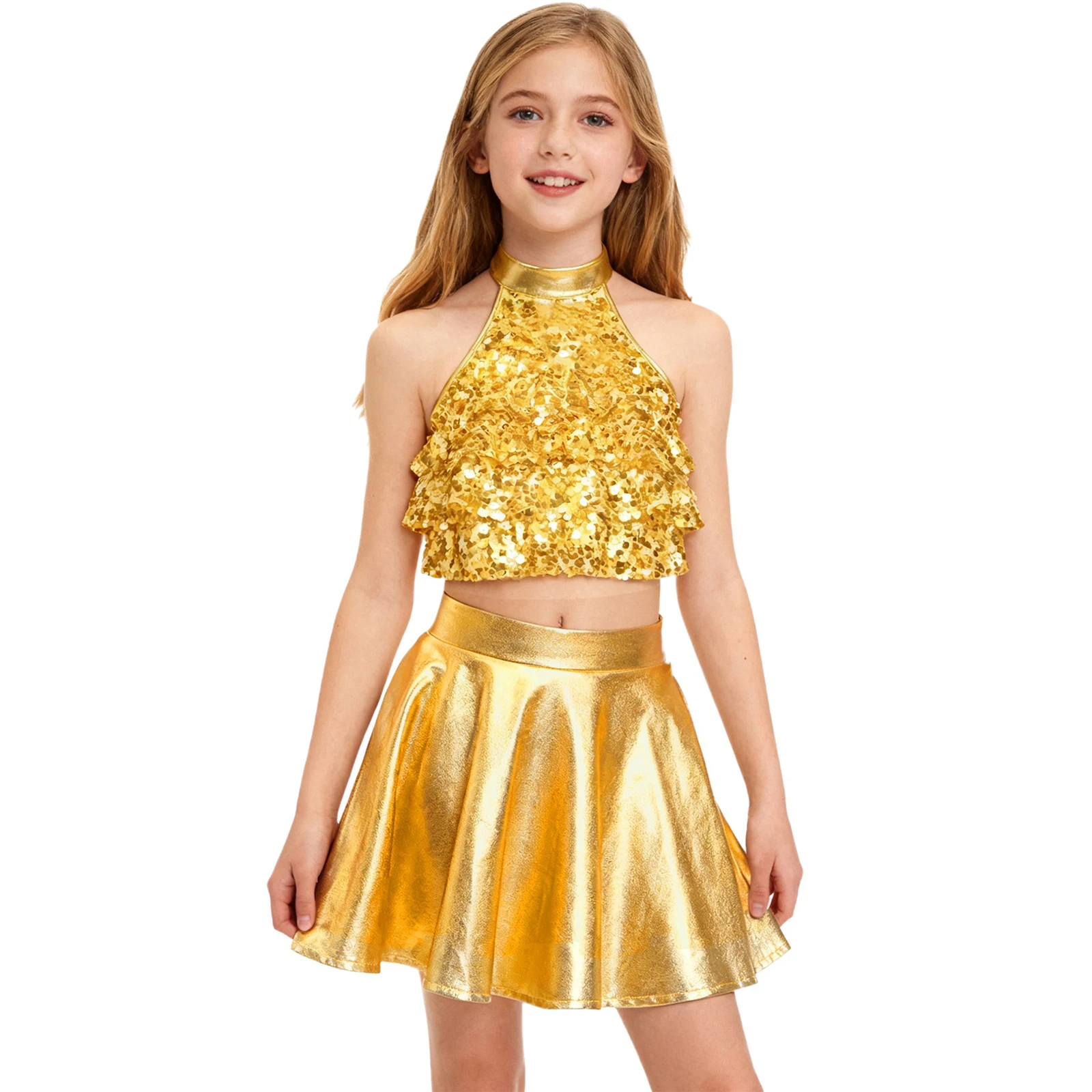 

Girls Jazz Belly Dance Costume Sleeveless Mock Neck Shiny Sequins Tiered Crop Top+Metallic Ruffled Skirt for Ballet Latin Dance