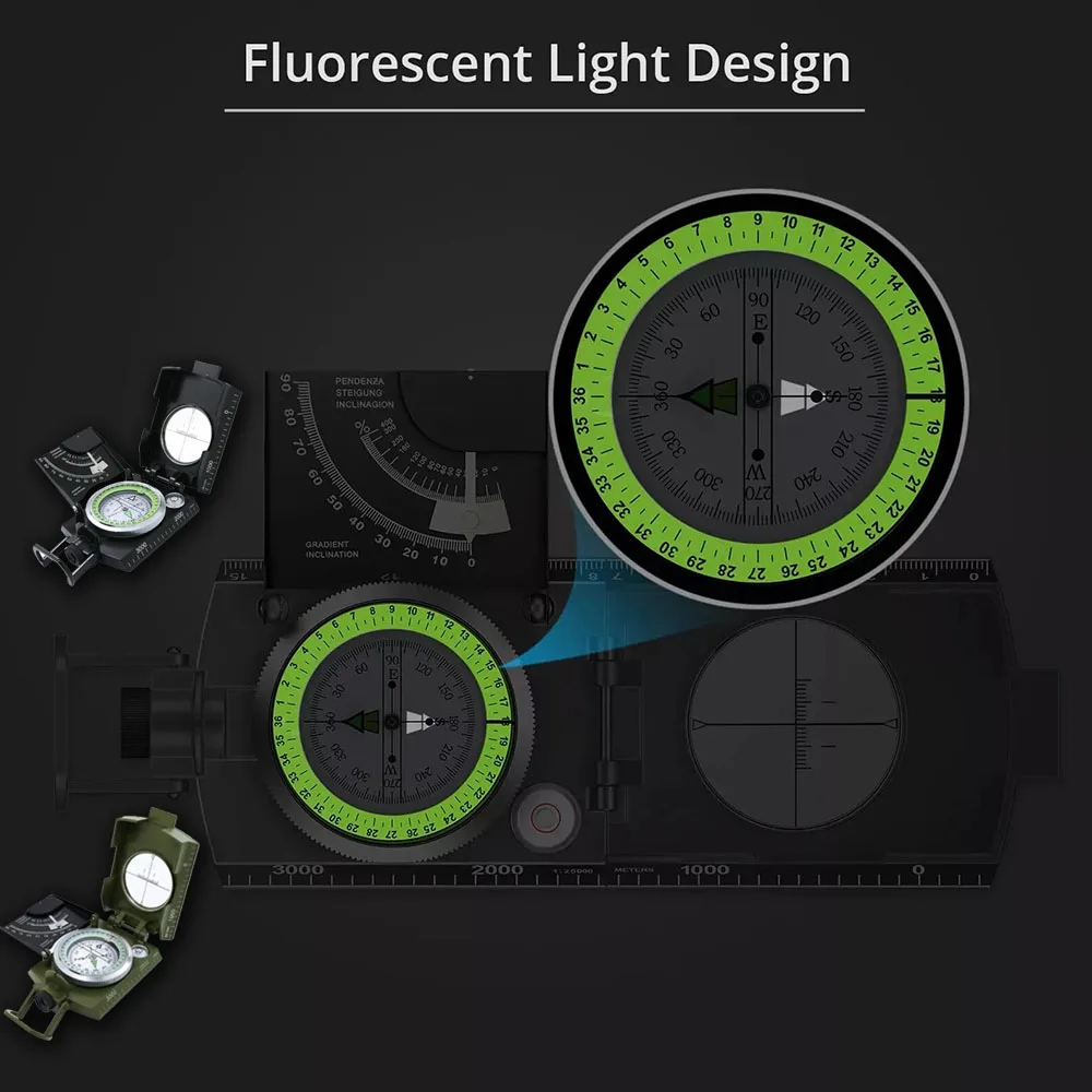 

Military Lens Compass with Inclinometer ,Orienteering Navigation Waterproof Shockproof Luminous Dial Map Ruler & Sighting Mirror