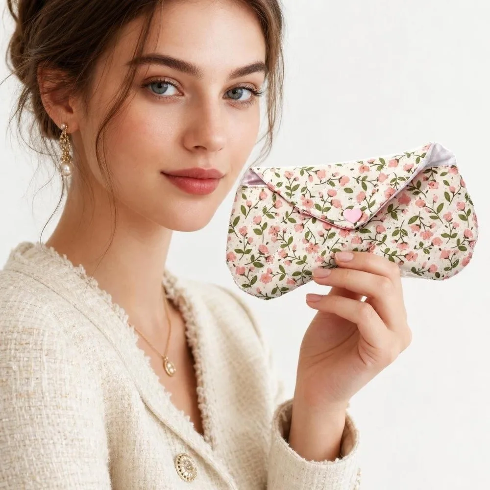 Floral Print Glasses Case Soft Cotton Button Closure Sunglasses Pouch Quilted Lightweight Eyewear Protector Bag Women Girls