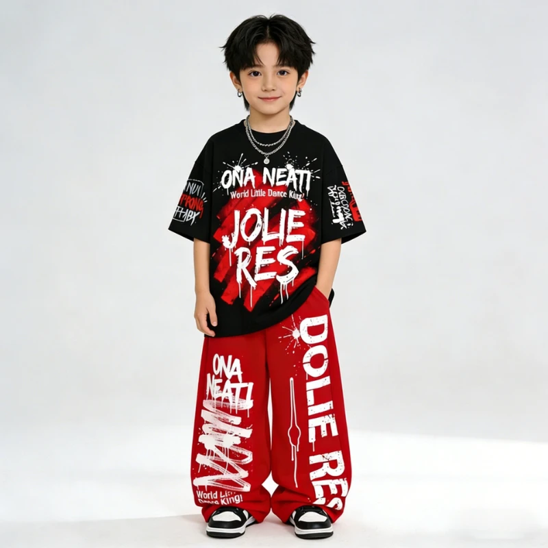 

Boys Street Dance Hip Hop Clothes Set Short Sleeve T Shirt Red Baggy Pants Summer Jazz Dance Practice Performance Kpop Clothing