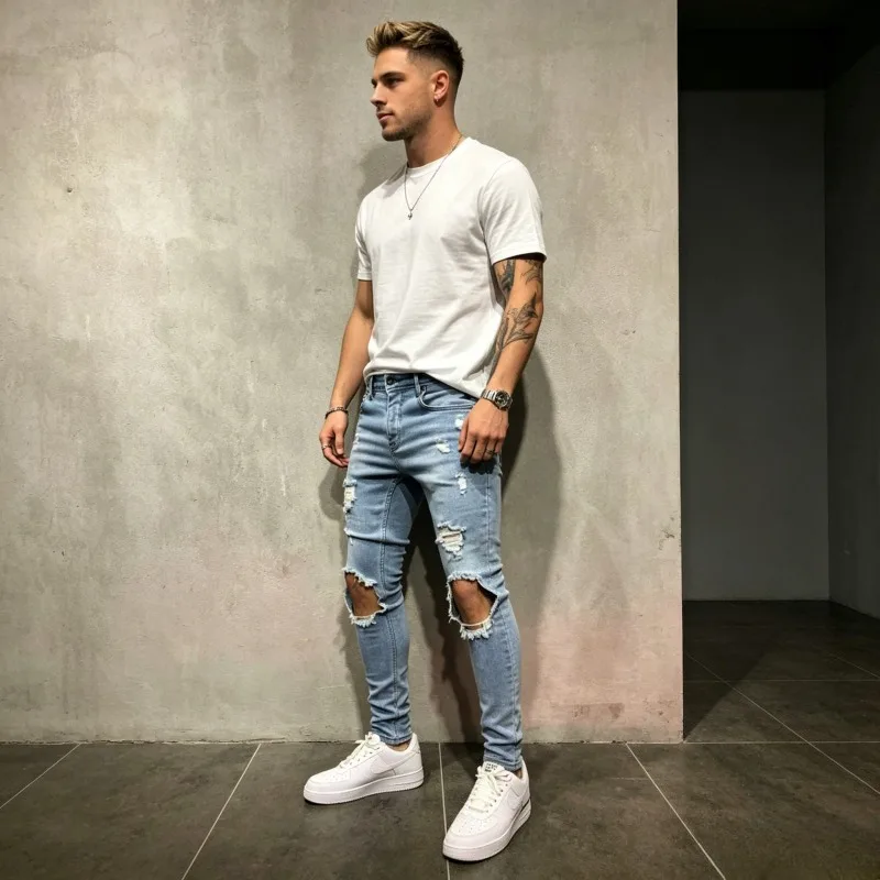 Distressed Ripped Men Jeans Pencil Pants Vintage Ankle Length Skinny Denim Casual Slim High Street Wash Pockets Hole Summer 2026