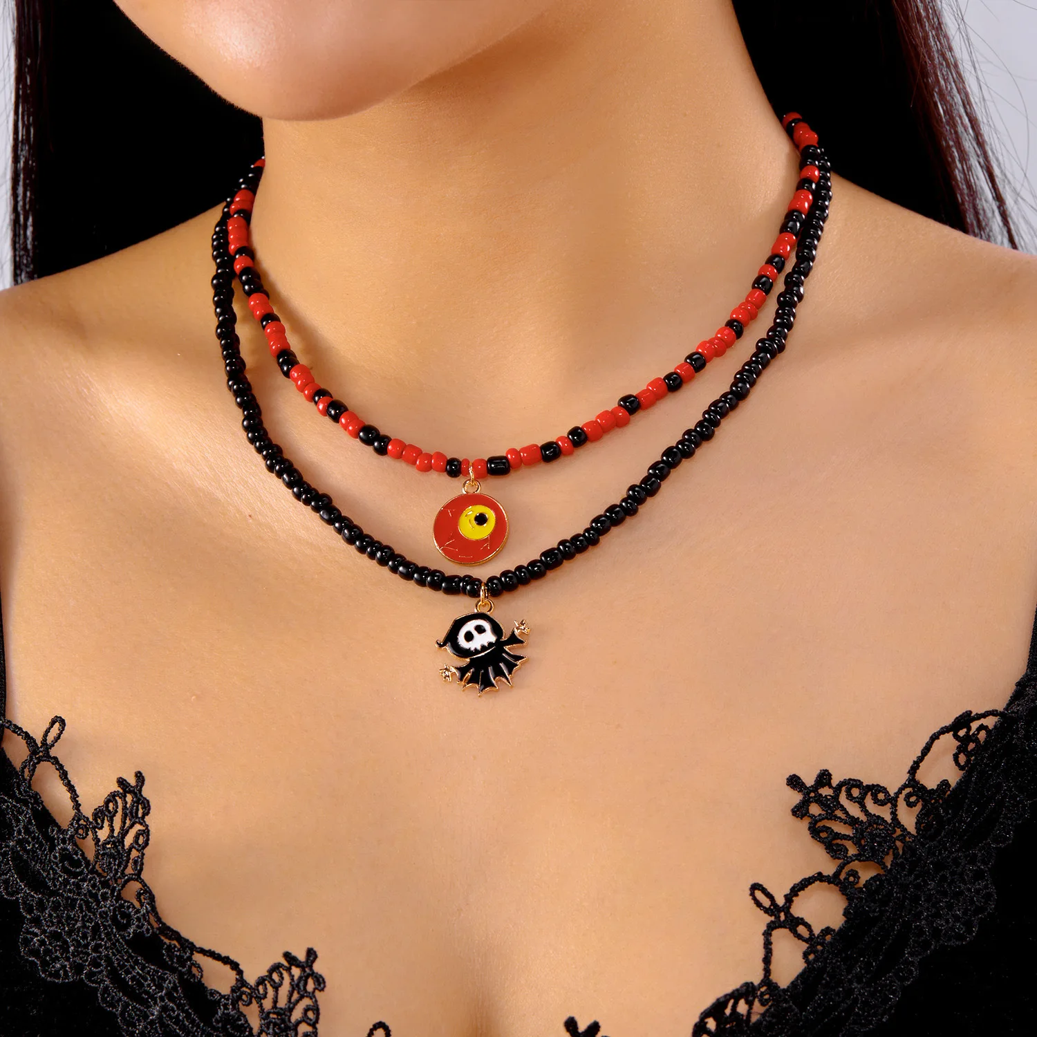 

Halloween Party Double-layer Necklace For Women Girls Color-blocking Seed Beads Black Witch Luxury Jewelry Funny Holiday Gift