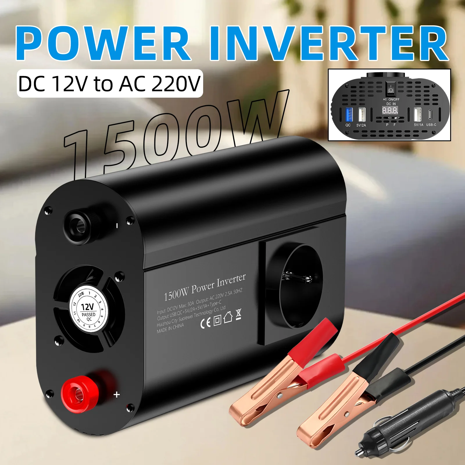 

Inverter DC 12V to AC 220V 50HZ correction wave inverter solar car power 1500W voltage portable converter