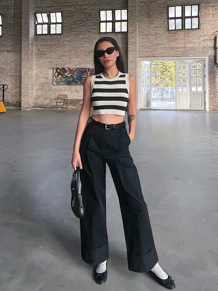 

Vintage Straight Leg Cotton Casual Pants High Waist Commute Style Pocket Detail Long Trousers Black Blue Simple Design