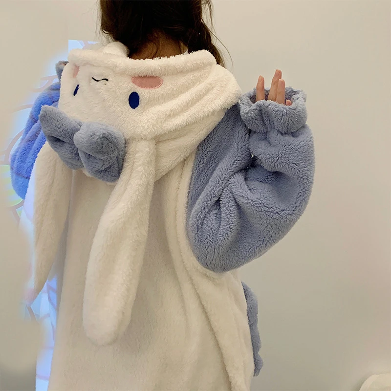 Young Women Winter Thin Nightgown Length To Shank Polyester Warm Comfortable Blue Jade Gui Dog Leisure Wear With Two Long Ears