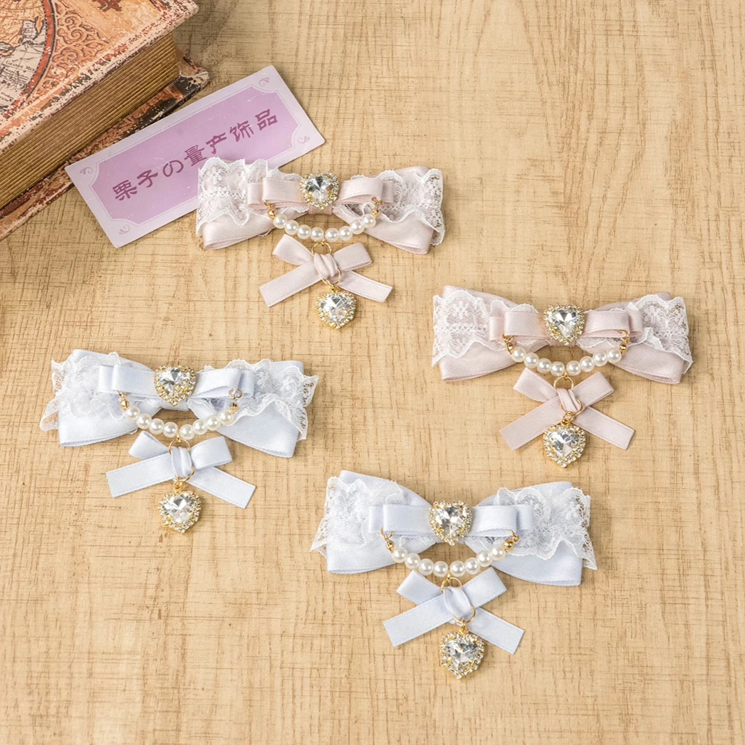 

Pleated Lace Bow Headdress Pearl Chain Hair Clip Double Ponytail Handmade Hairpin Jewelry