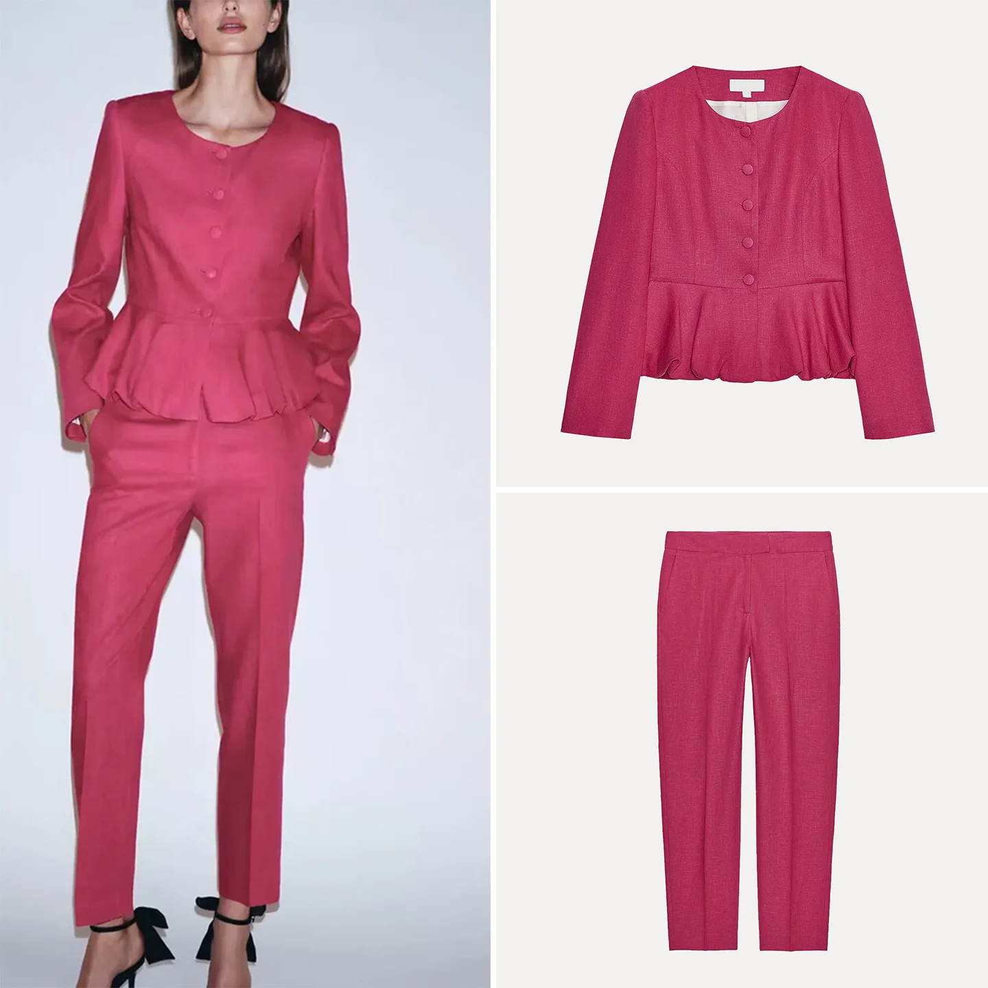 

Z Women's Faion Personali Slim Fit High Waist Jaet And Pants Set Polyester Fiber Long Sve round Ne Button Sle