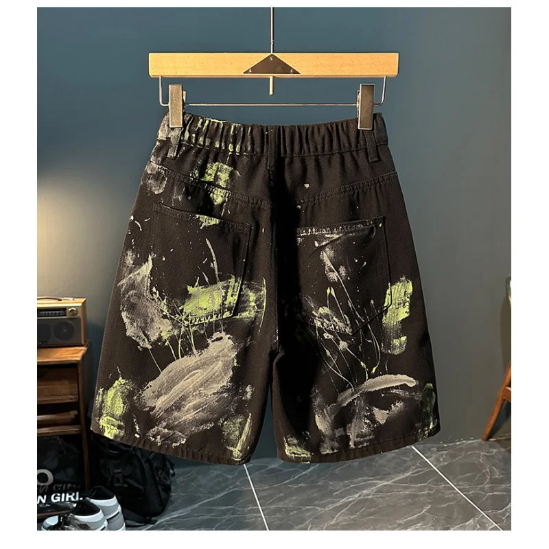 Fashion paint printing design denim shorts men's summer handsome street style trendy unique graffiti loose shorts