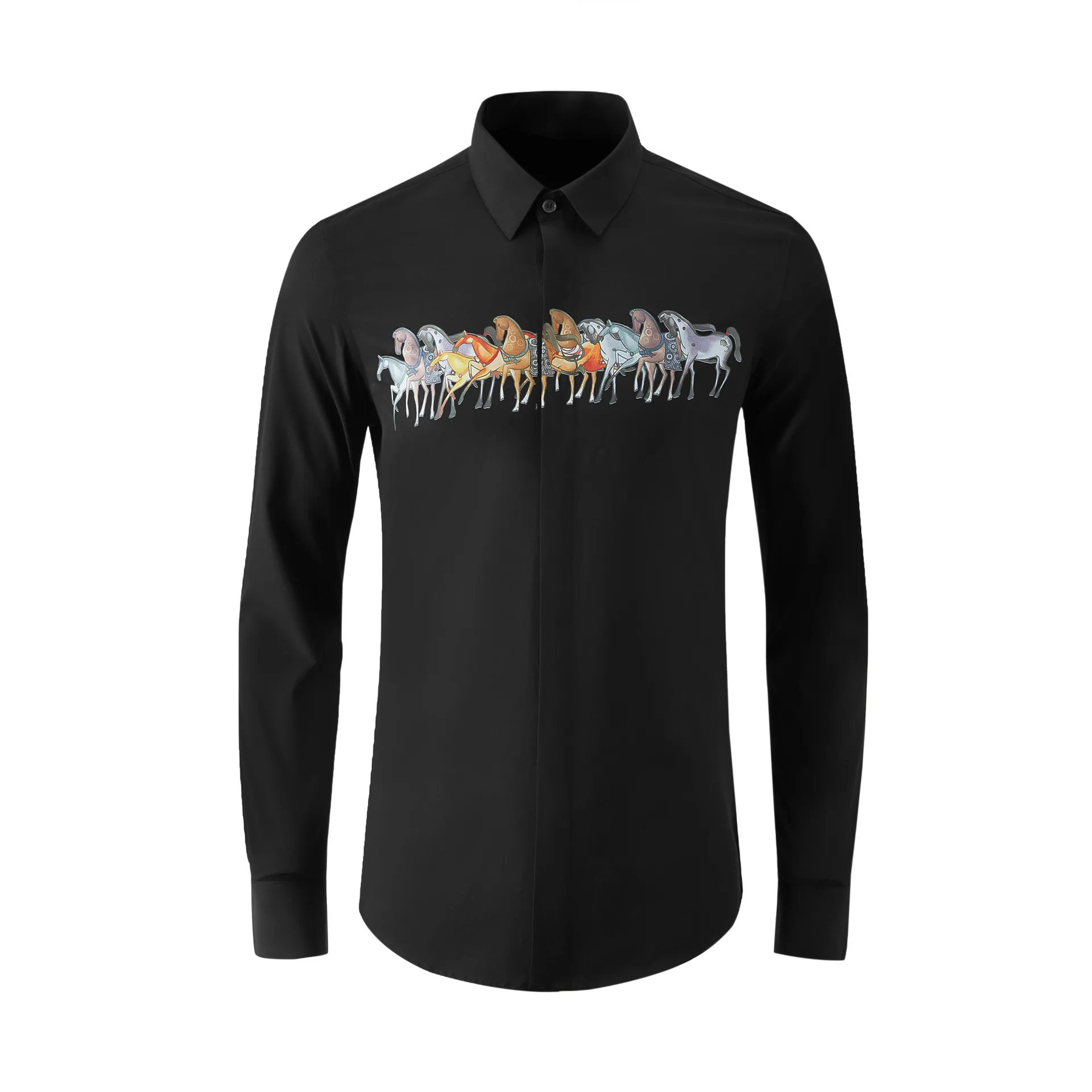 Autumn and winter galloping horse print men's personalized long sleeved shirt cotton spinning slim fit trendy men