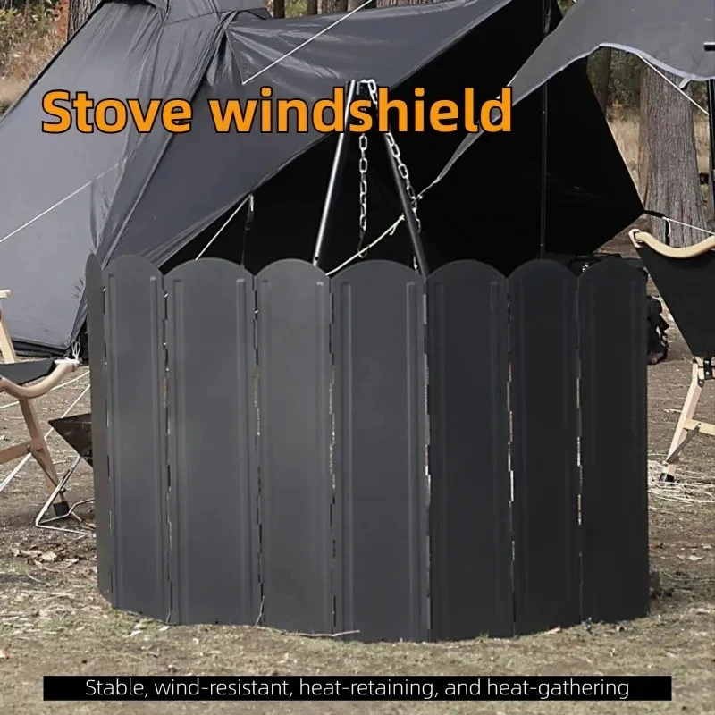 1pc Outdoor Black Large Windshield Camping BBQ Campfire Stove Foldable Cookware Galvanized Plate Heat Gathering Windshield