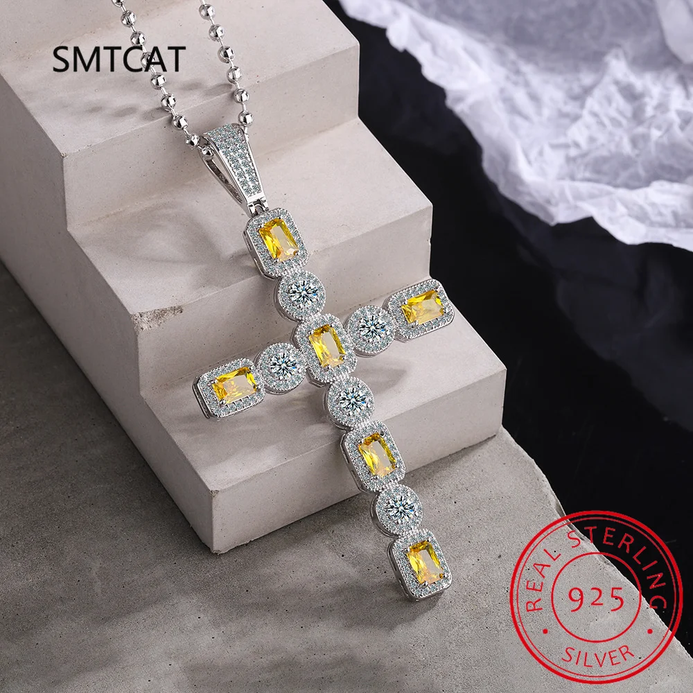 

100% 925 Sterling Silver 7*7mm Yellow Cross High Carbon Diamond Citrine Pendant Necklace For Women Sparkling Party Fine Jewelry