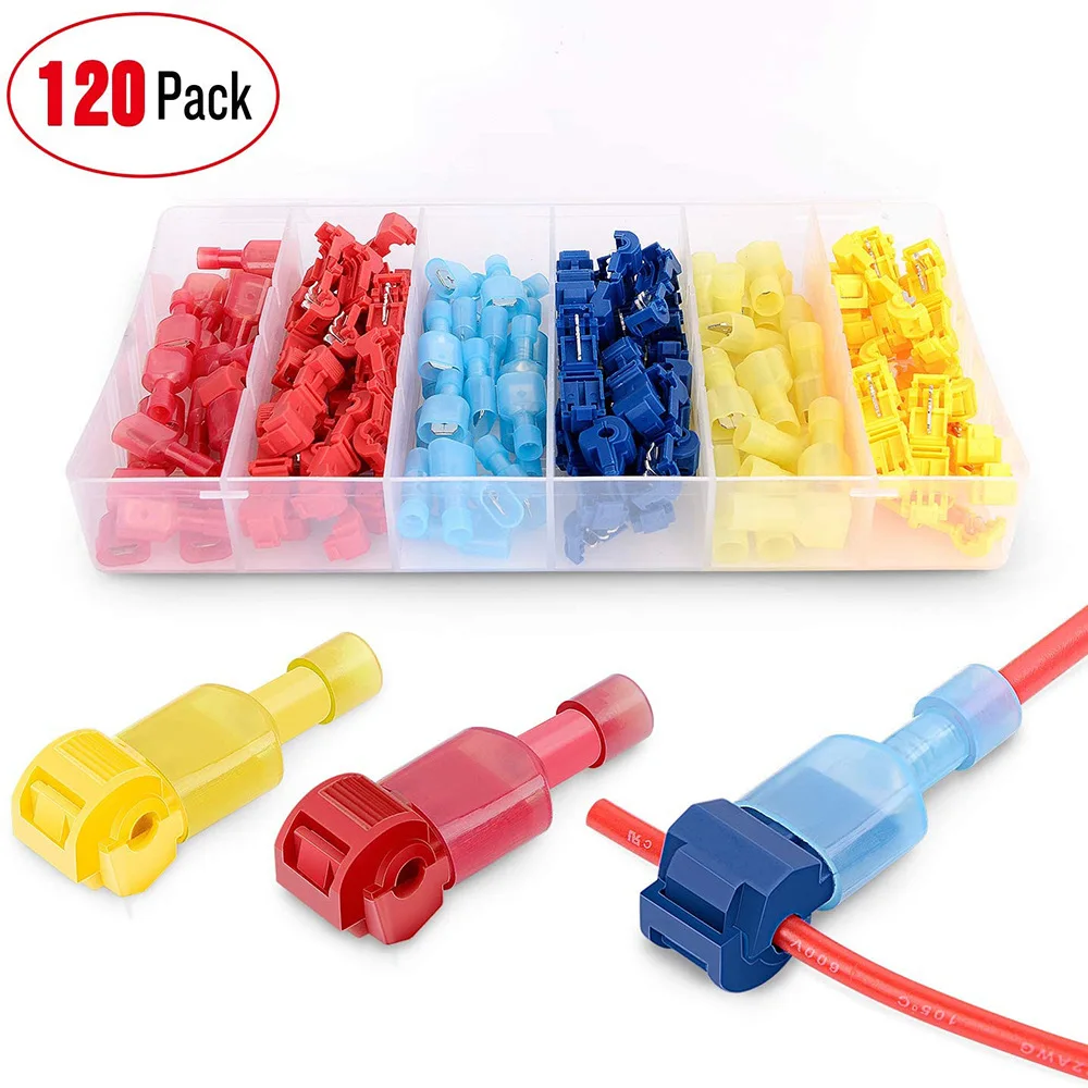 120PCS T-Type No Strip Wire Ant Clip Kit Color Coded T Tap Quick Splice Electrical Branch Connectors