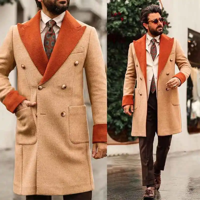

Classic Men Long Overcoat 1 Piece Peaked Lapel Double Breasted Winter Outdoors Warm Formal Business Customized