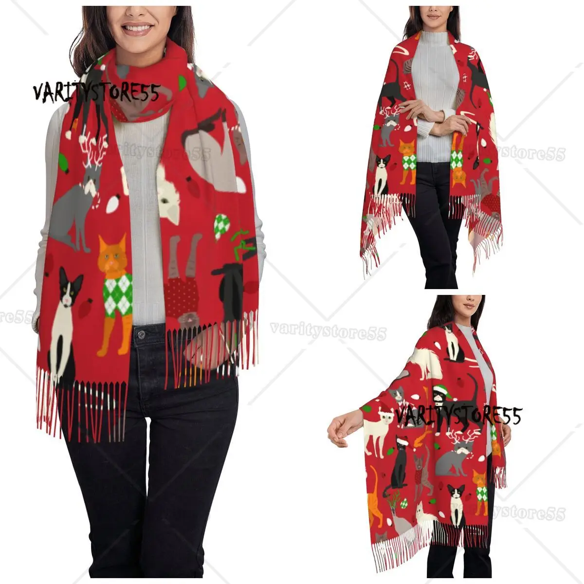 Christmas Cats Scarf for Womens Winter Warm Shawl Wrap Long Large Shawl Scarf Lightweight