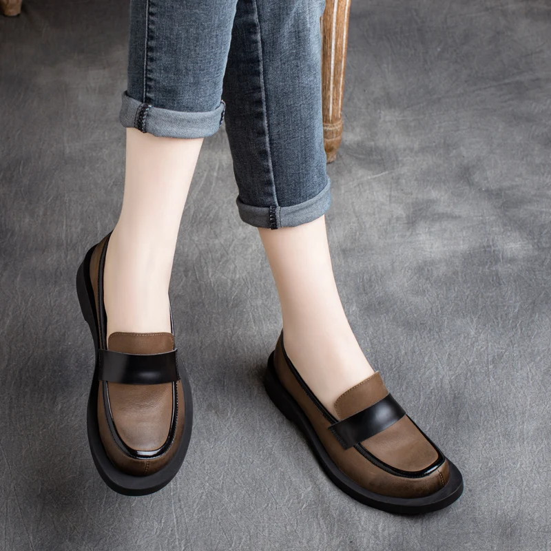 2022 Loafers Women Leather Low Heels Spring for Women Slip on Lazy Shoes Women Handmade Genuine Leather Women Pumps Brand Black