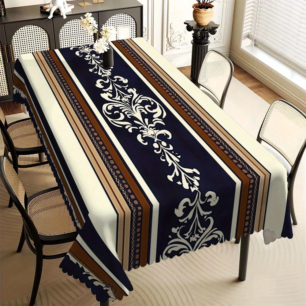 Vintage Damask Floral Tablecloth, Navy Blue & Beige Print, Scalloped Edge, Stain Resistant, for Dining Room & Traditional Home
