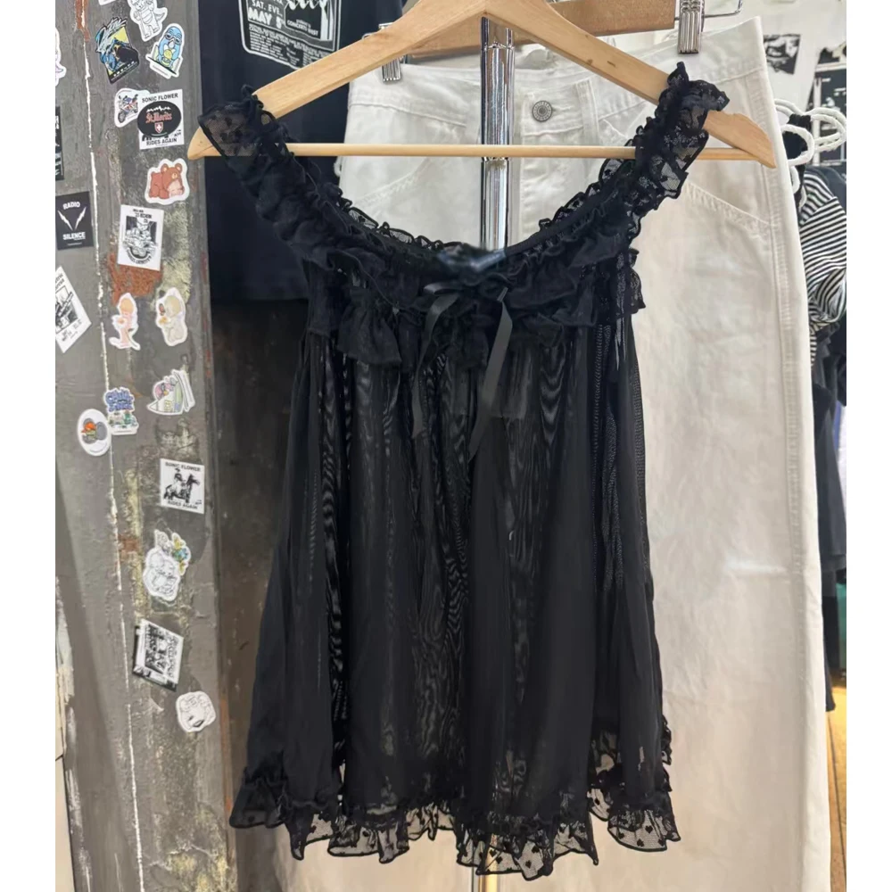 

Bla Lace Trim off oulder Fly Sve BM Brandy New Sle Women's Sweet Sle Mid-Length Crop Top Strap Vest Summer 2025