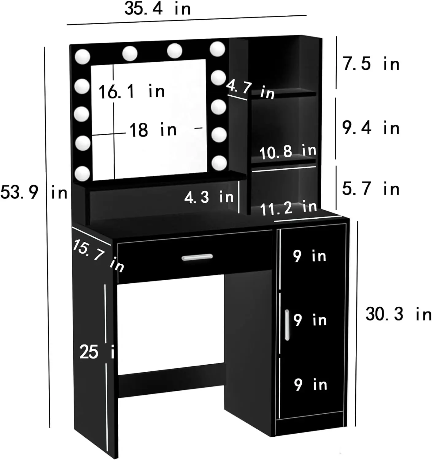 Vanity Desk with Mirror & Light, Large Drawer & Three Level Storage Dresser, 3 Lighting Modes Adjustable Brightness, Bedroom