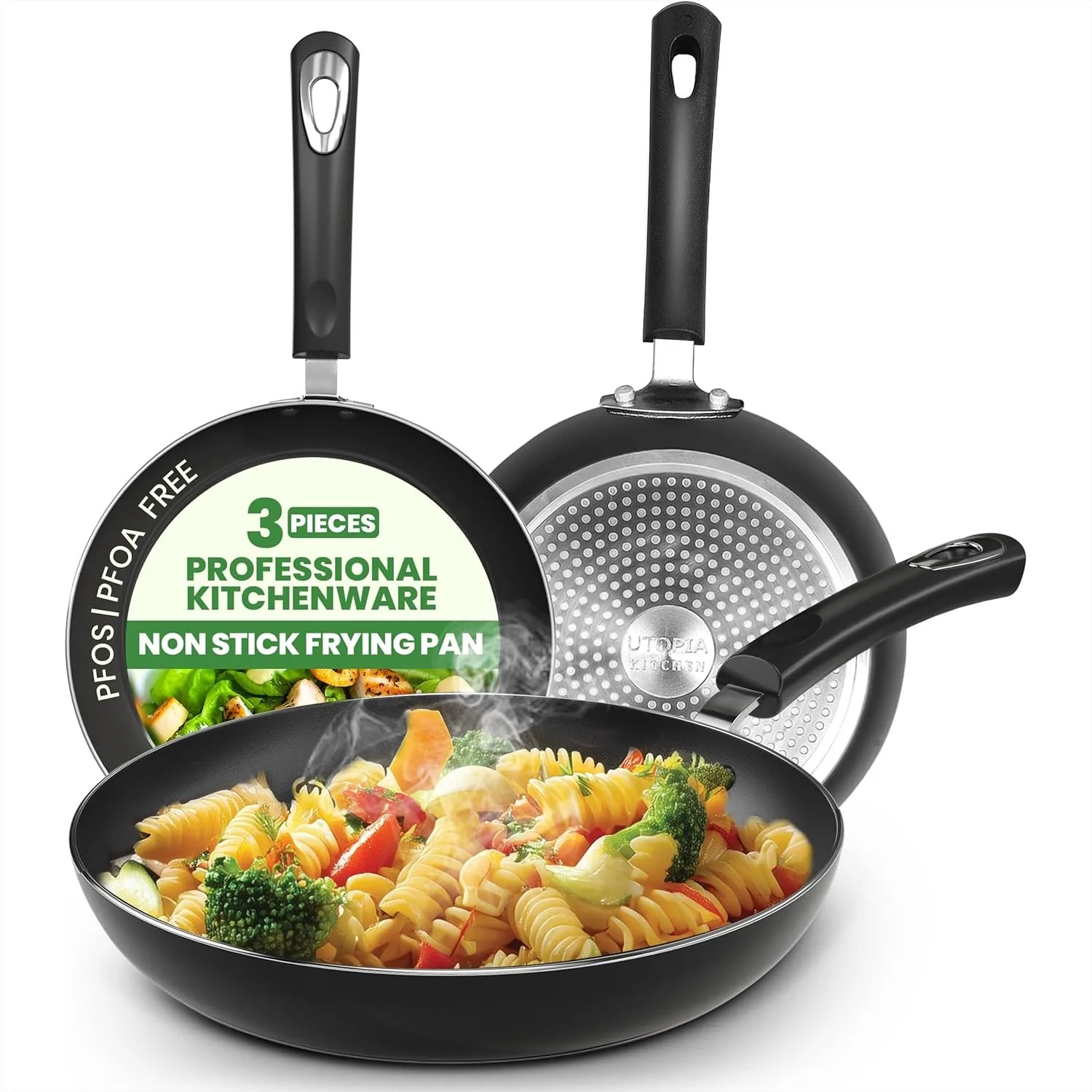 

Nonstick Cookware 3 Piece Omelette Pan Skillet Set, Frying Pans with Induction Bottom, 8/9.5/11 Inches, Bakelite Handles, PFOA