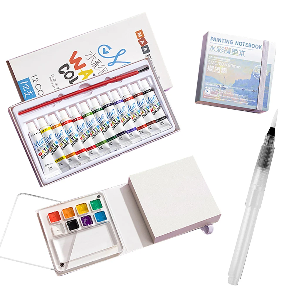 Travel Paint Palette for Painters Artists Students with Watercolor Sketch Book Watercolor Brush Acrylic Grid Paint Box