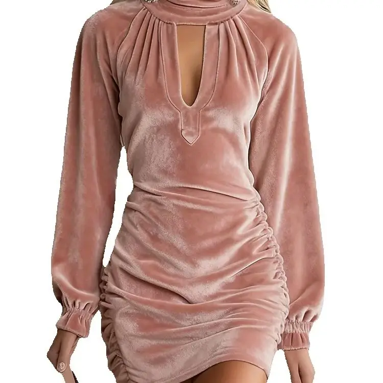 

Осень/зима, женское повседневное платье с длинным рукавом из полиэстера, 2026, новая мода, однотонная сумка с высоким воротником, на бедрах