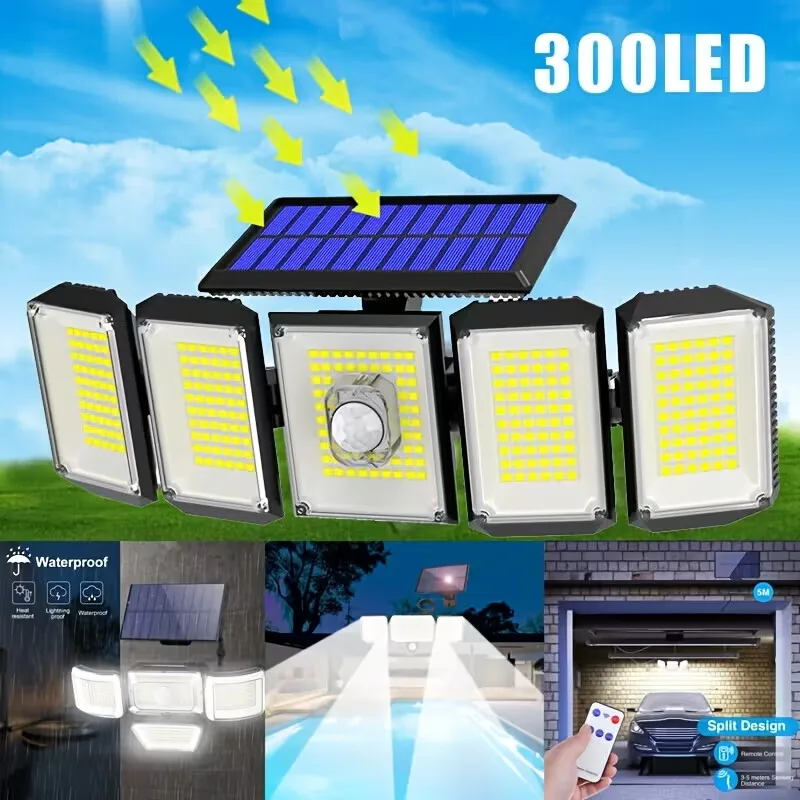 Solar Outdoor Light, 5-Head Security Floodlight Wide Angle Wall Light with 3 Modes Suitable for Gardens Courtyards And Garage