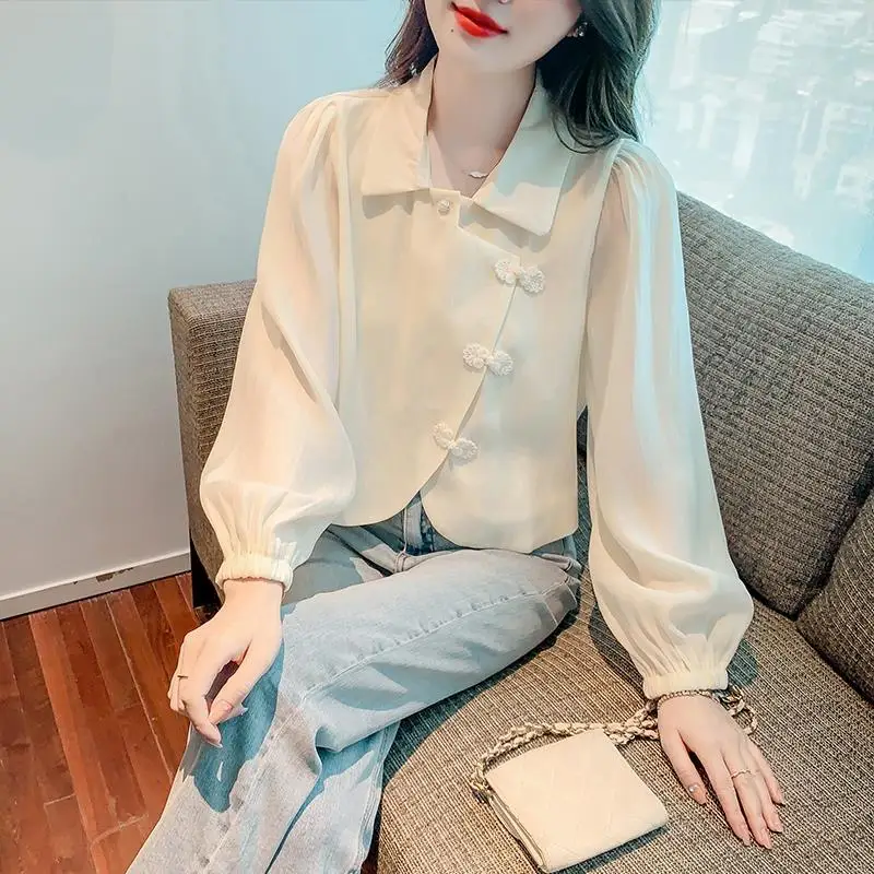 2024Autumn New Polo-Neck Long Sleeve Chiffon Shirt Chinese National Style with Buckle Collar Design Stylish High Waist Top Women