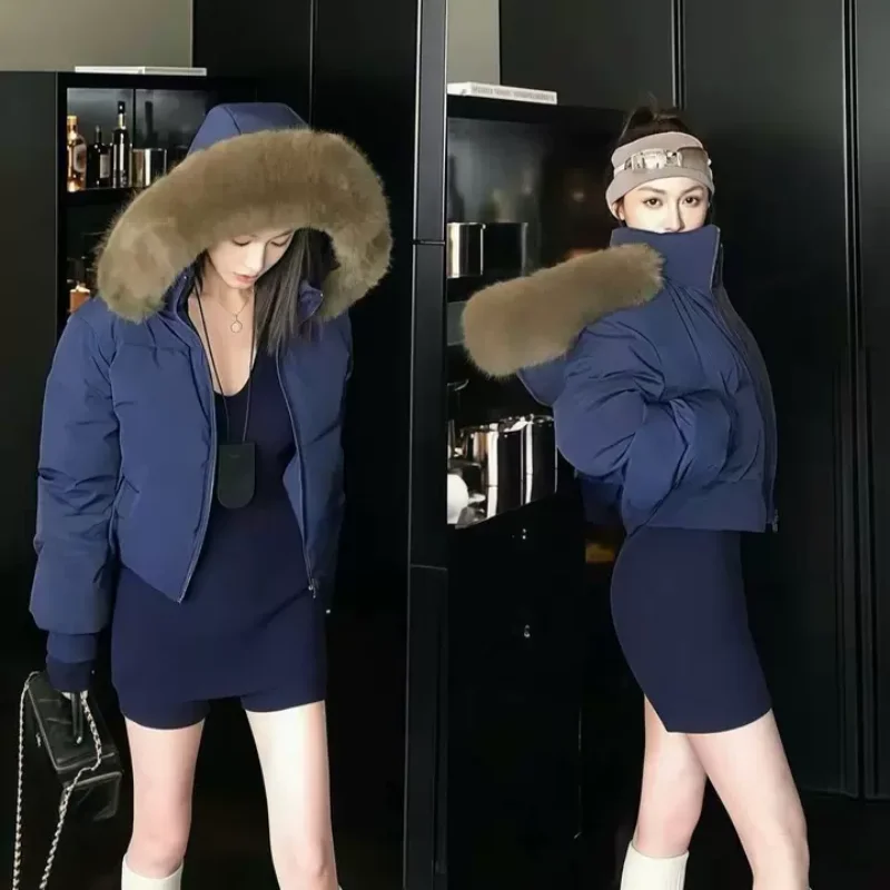 American retro zipper cardigan spicy girl slim fit cotton jacket autumn and winter hooded thick fur collar warm women's top