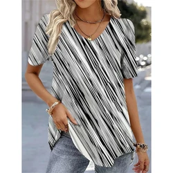 Colorful T Shirt For Women 3D Striped Printed V Neck Short Sleeve Tees Fashion Tops Summer Casual Blouse Y2k Clothing Pullovers