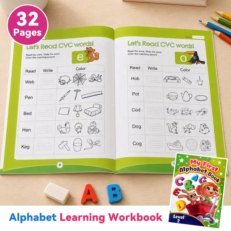 32-page English alphabet workbook, letter recognition and writing coloring activity book, teacher's classroom teaching resources