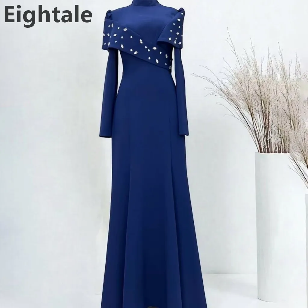 

Eightale 2025 Navy Blue High Neck Mermaid Evening Dress Long Sleeve Beaded Wedding Party Gown Prom Dress Customized Saudi Arabia