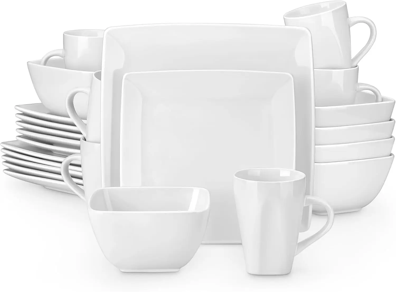 

Набор столовой посуды из белого керамогранита, 24 предмета на 6 человек, включает тарелки и чашки.