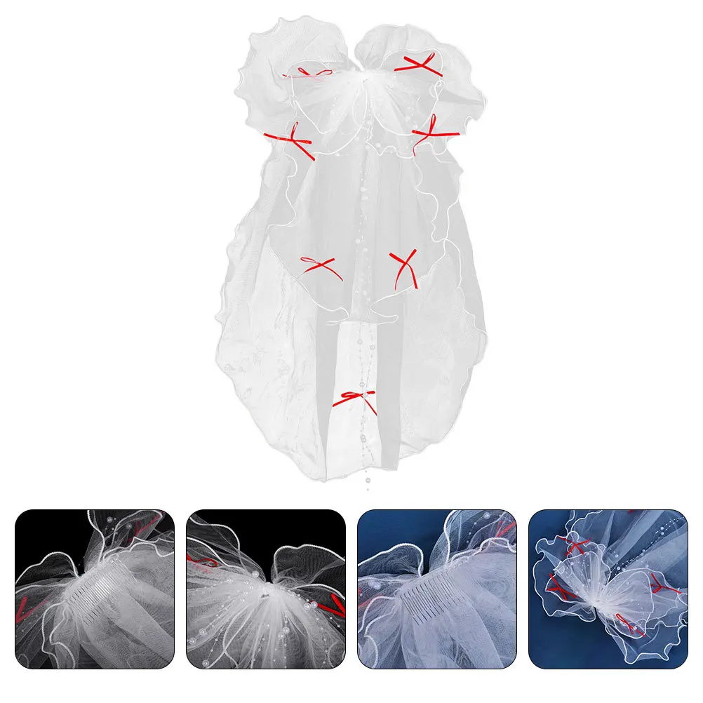 

Bride Wedding Veil 4-Tier Romantic Artificial Pearl Bow Lightweight Bridal Hair Accessory for Engagement Wedding Party