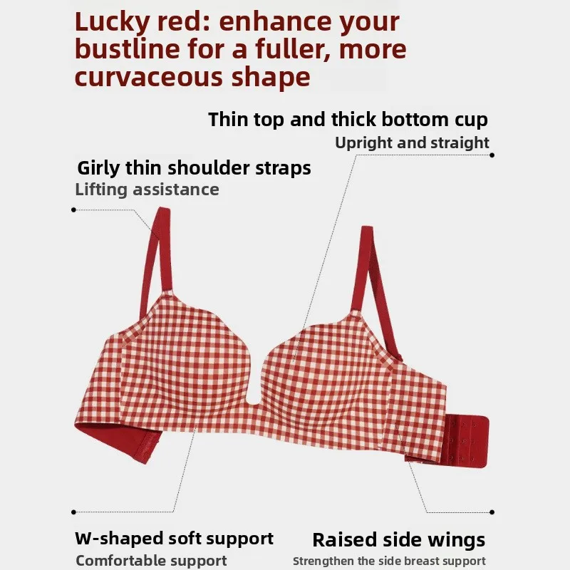 FallSweet Classical Wireless Push Up Bra for Small Chest Women Seamless Red Plaid Bralette Comfortable Lingerie Female Brassiere