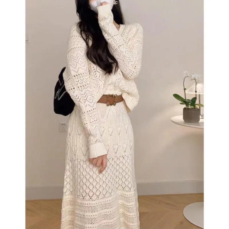 2026 New Early Autumn Women French Style Hollow Knit 2 Piece Set Elegant Socialite Top And Midi Skirt Outfit
