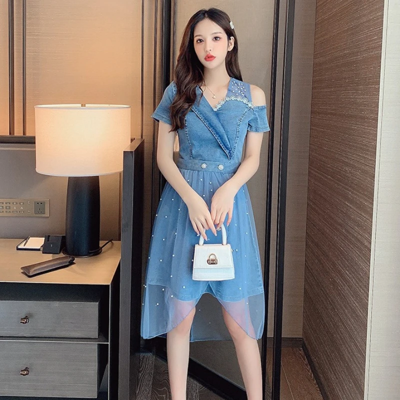 

Women Summer 2026 New Two Piece Set Sweet Salty Trendy Street Mesh Denim Dress Outfit