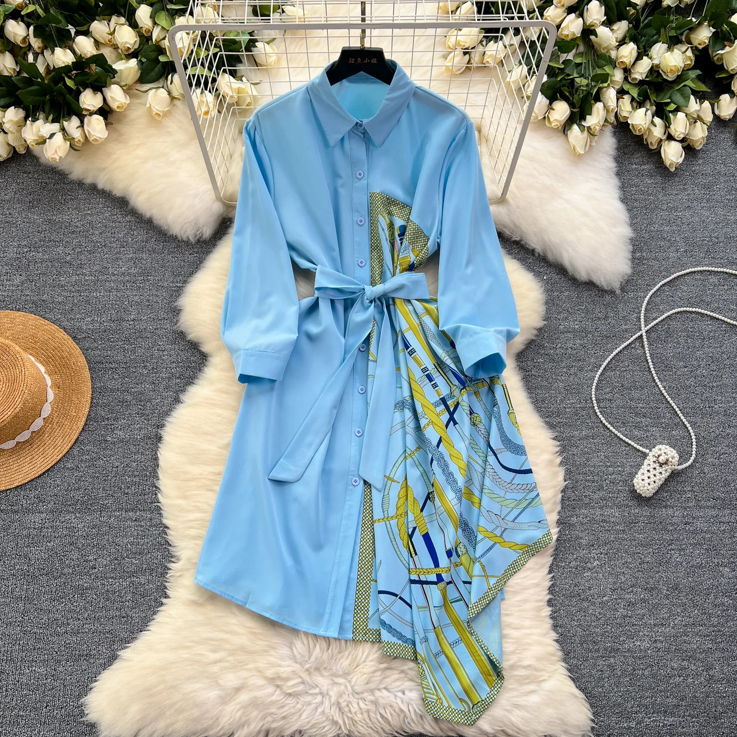 French Vintage asymmetrical PATCHWORK Dress A-Line Casual Women Elegant Fashion Turn-down Collar Summer Ceremonial Dresses