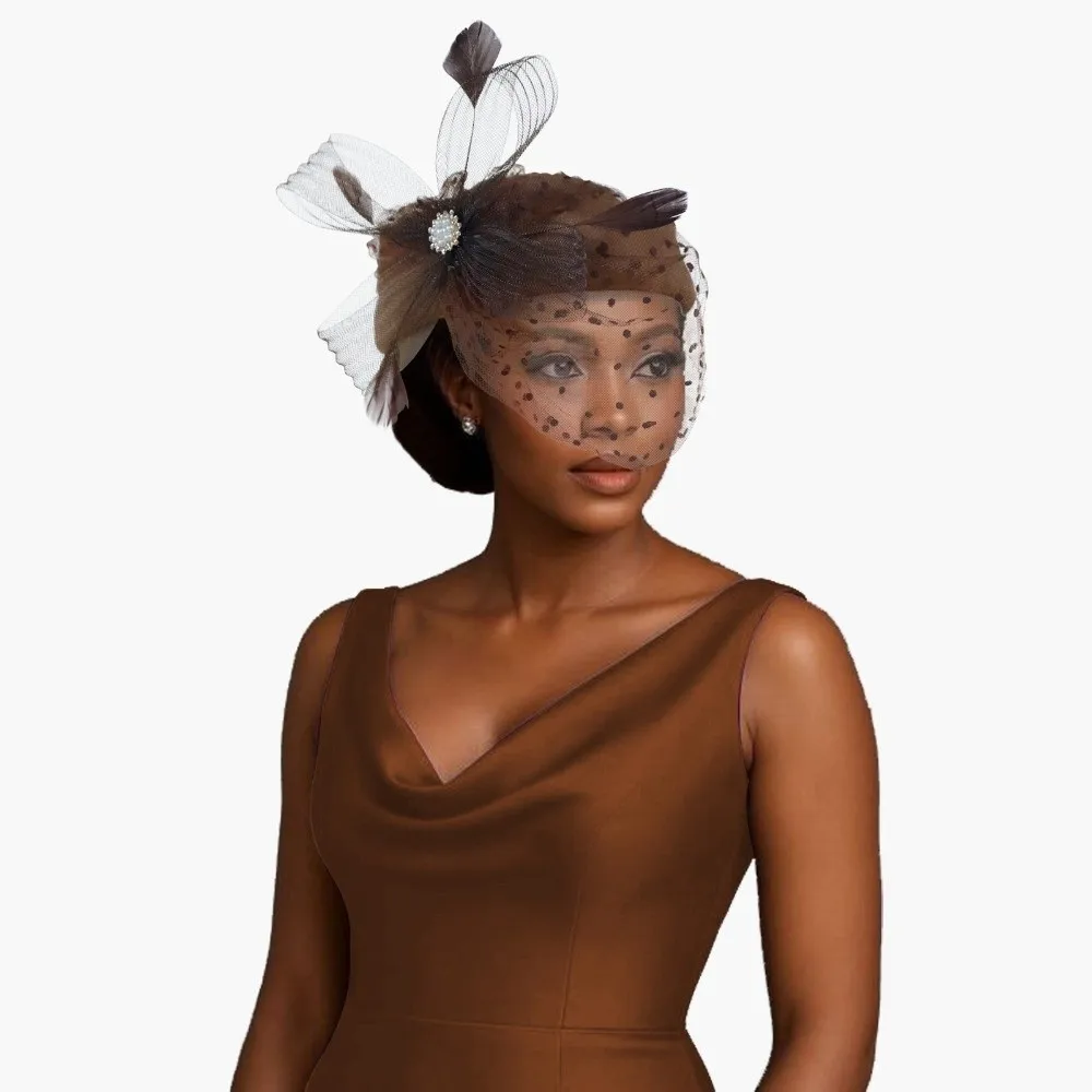 Chic Elegant Feather Mesh Fascinator Hat Polka Dot Veil Elegant Style Bridal Beret Ready to Wear Polyester Head Wrap Banquet