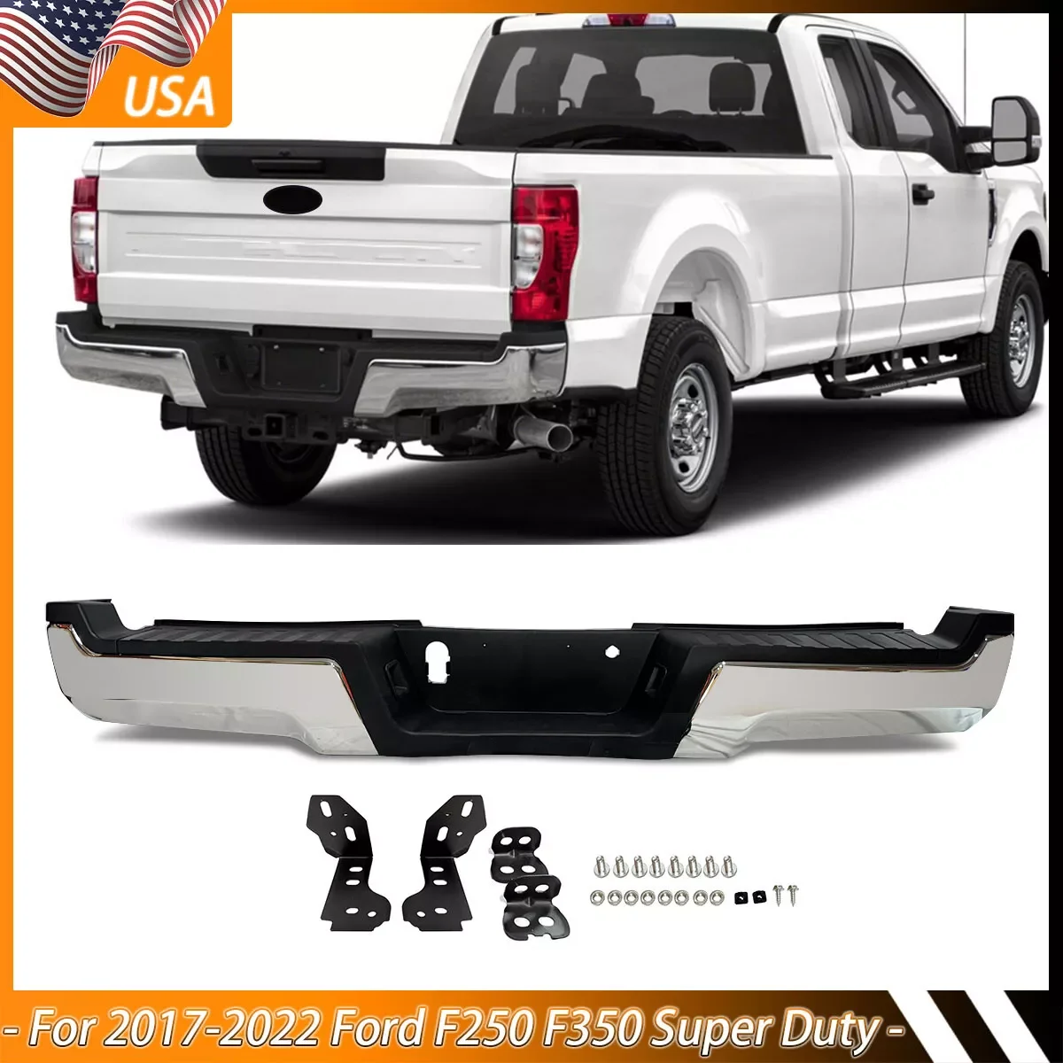 

Magickit For 2017-2022 Ford F-250 F-350 Super Duty Rear Bumper Assembly without Park Sensor Holes Chrome Rear Surround Body Kit