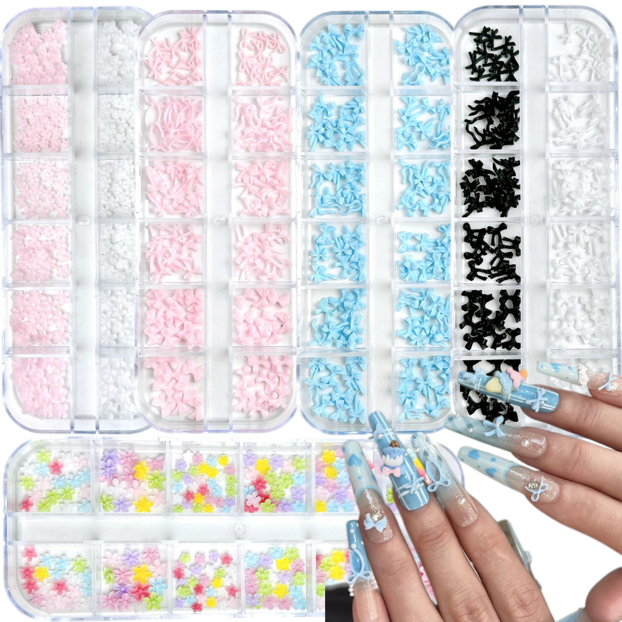 1 boîte de ruban créatif de couleur unie, nœuds papillon en résine, breloques pour ongles, Mini gloire du matin, fleurs à cinq pétales, décorations pour Nail Art, DIY