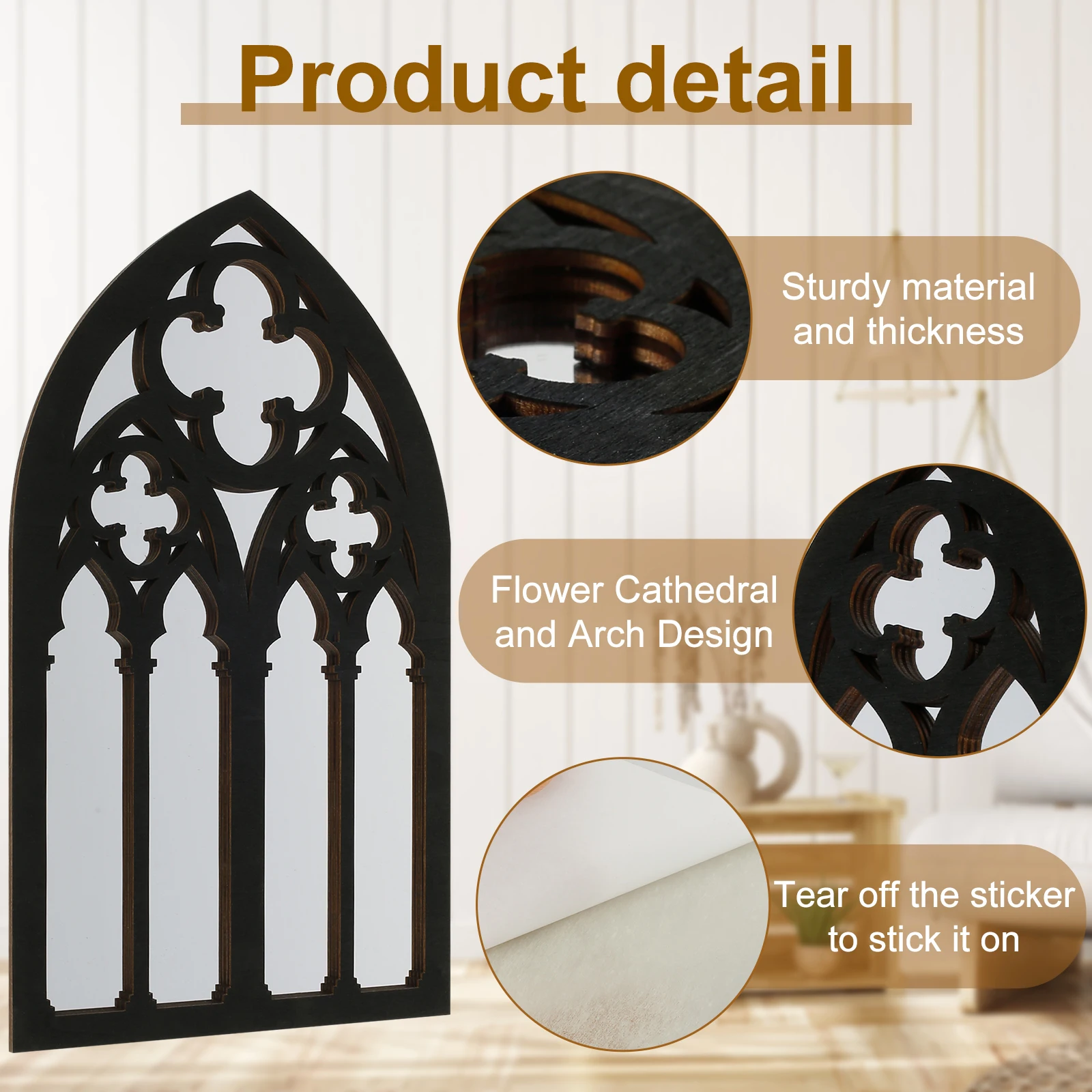 3Pcs Upgraded Gothic Decor Mirrors Arched Mirror Wall Mounted Vintage Cathedral Window Mirror for Living Room Bathroom Bedroom