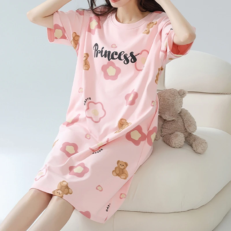 Summer Women's Cotton Nightgown Plus Size Home Wear Dress With Chest Pad Pajamas Cute Short Sleep Dress Short-Sleeved Nightgowns