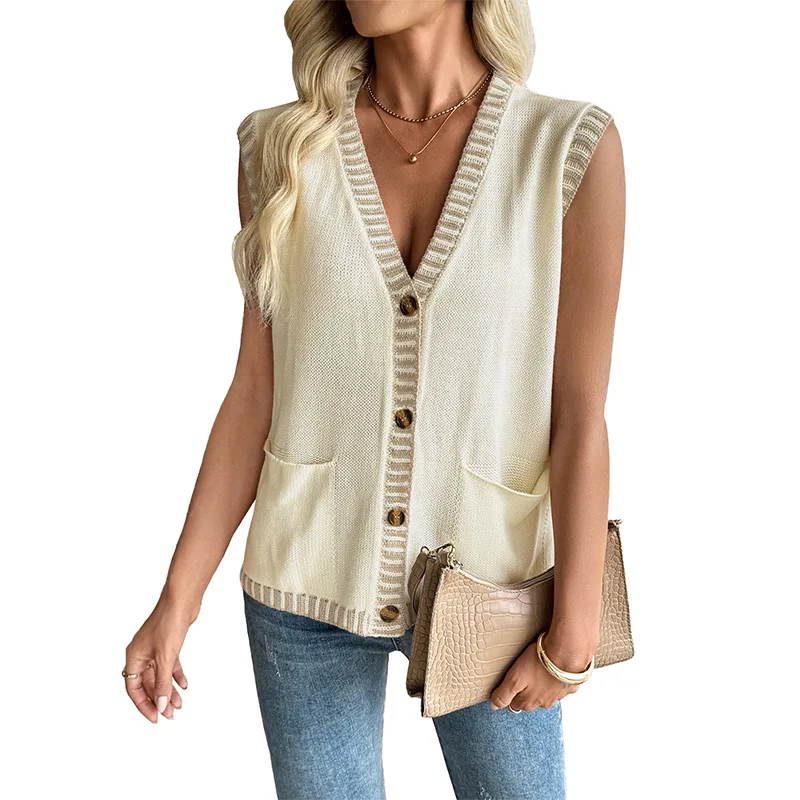 

Autumn New Petite Chanel Style Contrast Sleeveless Cardigan Knitted Vest Women