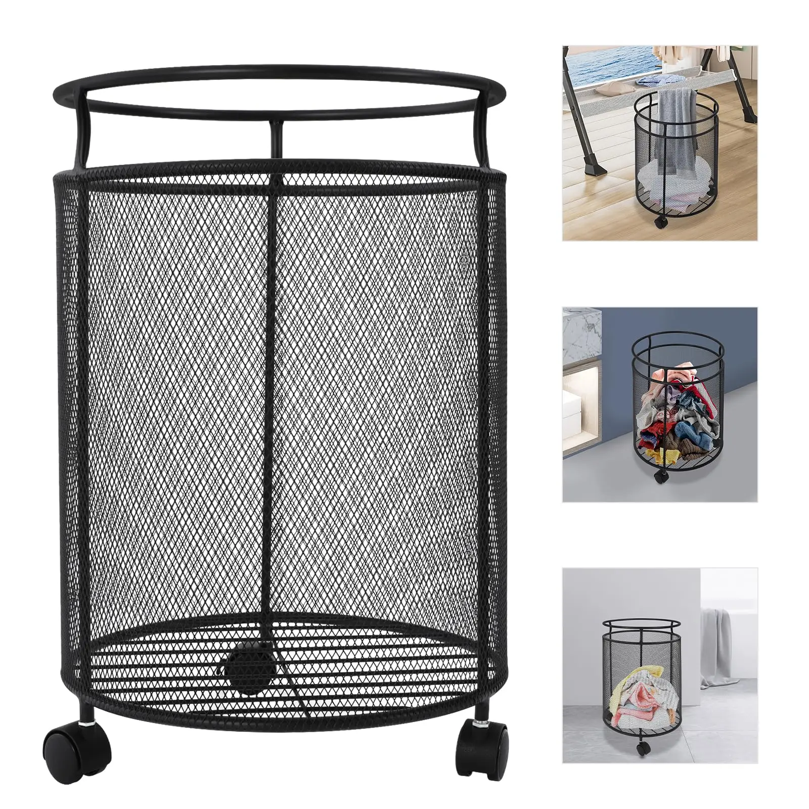 سلة الغسيل بعجلات، عربة سلة الغسيل المعدنية المستديرة، عربة فرز سلة الغسيل المحمولة، لعبة سلة الملابس القذرة للحمام